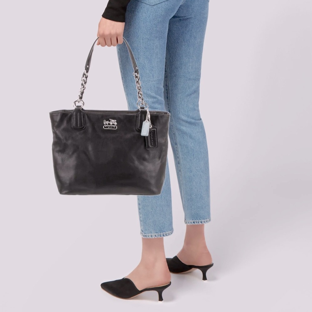 Coach Madison Tribeca East West Black Pebbled Leather Chain Strap Shoulder Bag